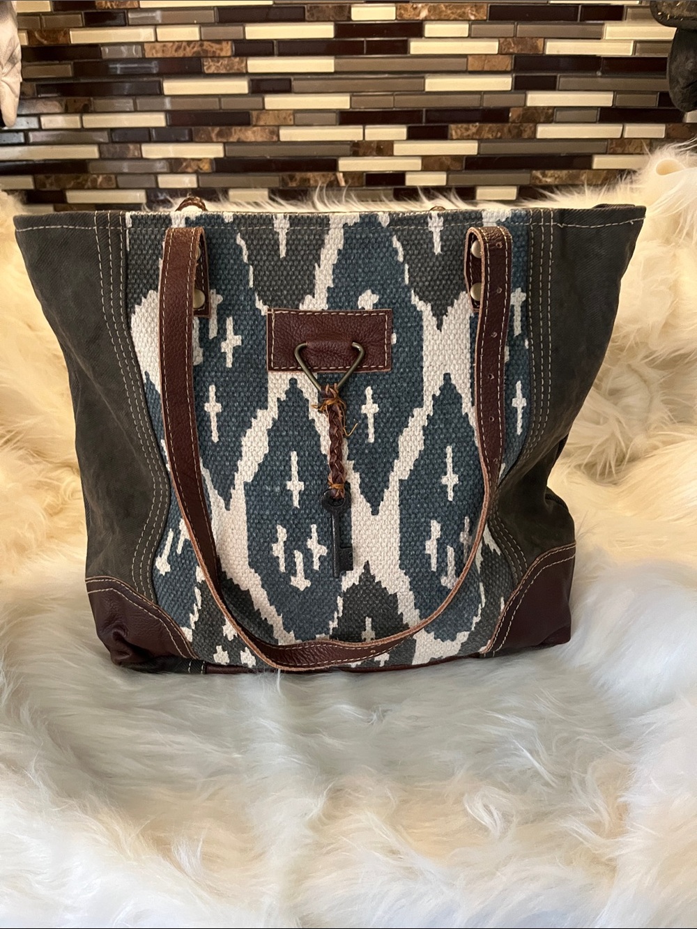 Myra Bag Handwoven Ikat Canvas Tote in Teal, Cream & Brown